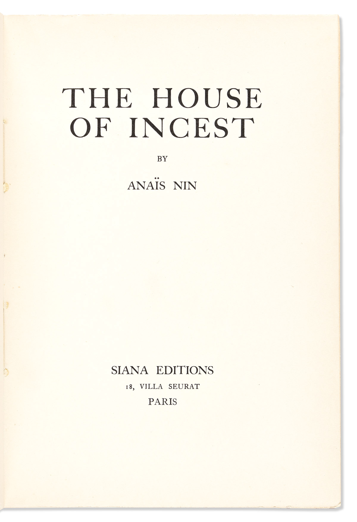 Nin, Anaïs (1903-1977) The House of Incest.